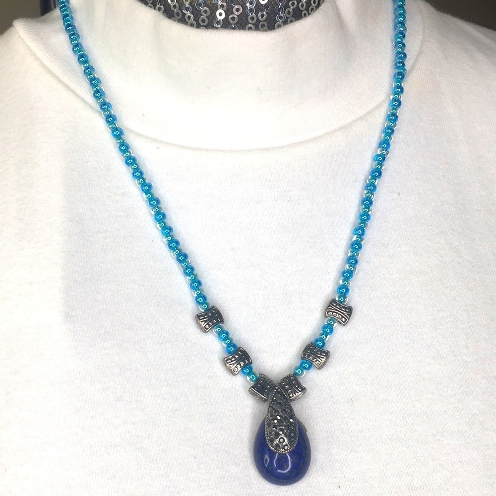 Artisan lapis lazuli pendant glass beaded marcasite blue necklace 20”